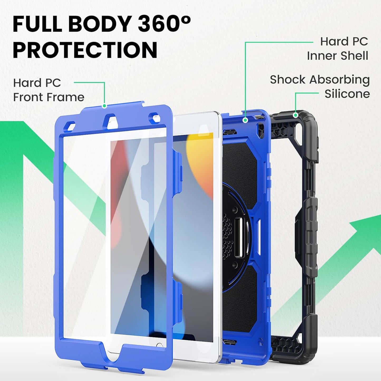 Case Ipad 9Th Generation Kids Ipad 10.2 Case 2021, Full-Body Shock Protective Ipad 7/8/9 Case with Screen Protector Rotating Hand Strap Stand for Ipad 10.2-Inch 9Th/8Th/7Th Gen, Black/Blue